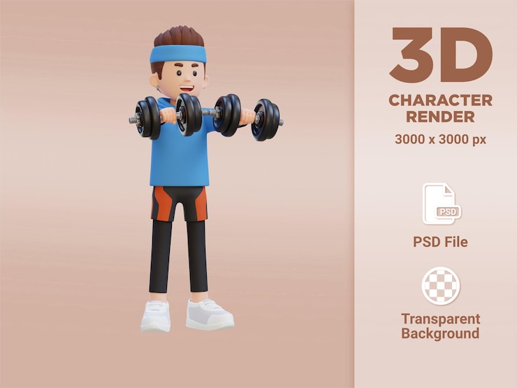 PSD personaje de deportista 3d realizando levantamiento frontal con mancuernas