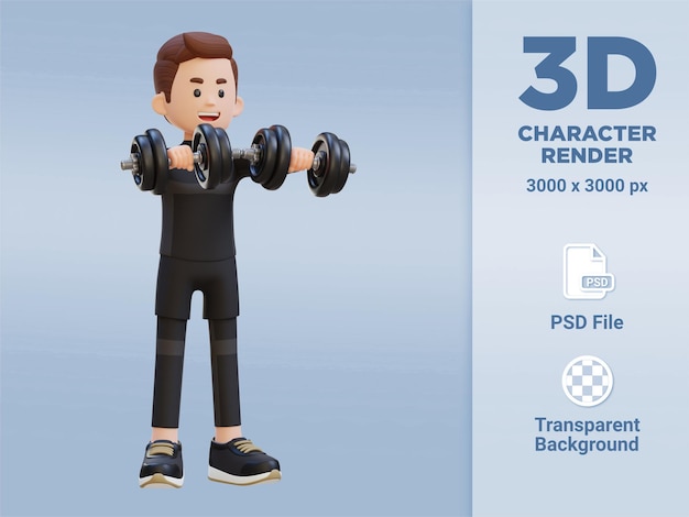 Personaje de deportista 3D realizando levantamiento frontal con mancuernas