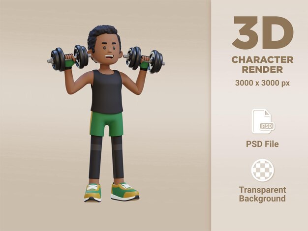 Personaje de deportista 3D realizando prensa de hombro con mancuernas