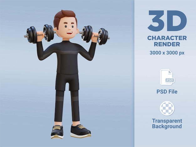 PSD personaje de deportista 3d realizando prensa de hombro con mancuernas