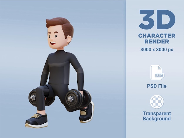 PSD personaje de deportista 3d realizando sentadillas divididas con mancuernas a la derecha