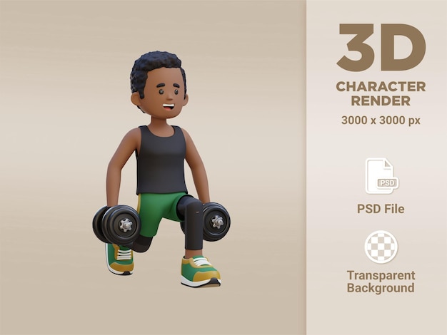 PSD personaje de deportista 3d realizando sentadillas divididas con mancuernas a la izquierda