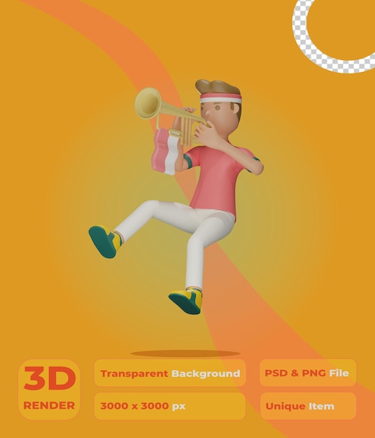 PSD el personaje del día de la independencia de indonesia en 3d sostiene la trompeta con fondo transparente