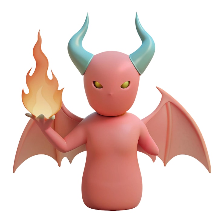 PSD un personaje del diablo rosa con cuernos sosteniendo una antorcha en llamas