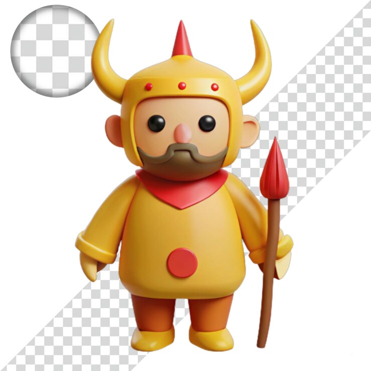 PSD personaje de dibujos animados en 3d con armadura amarilla y lanza roja