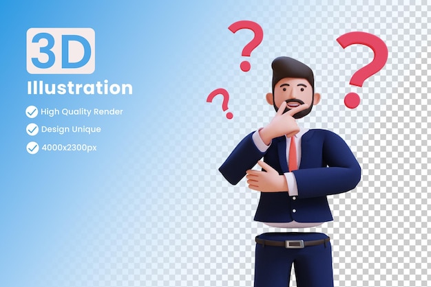 Personaje de dibujos animados en 3D en busca de una solución. ilustración 3d