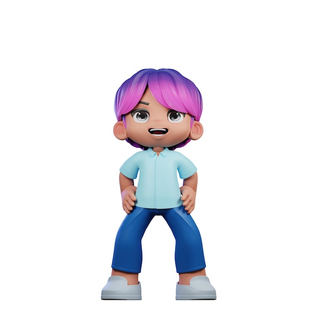 Personaje de dibujos animados en 3D con cabello púrpura y pantalones azules en postura de risa de pie