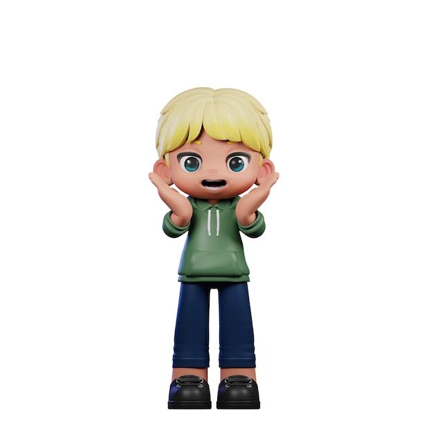 Personaje de dibujos animados en 3D con cabello rubio sorpresa reaccionando felizmente posa