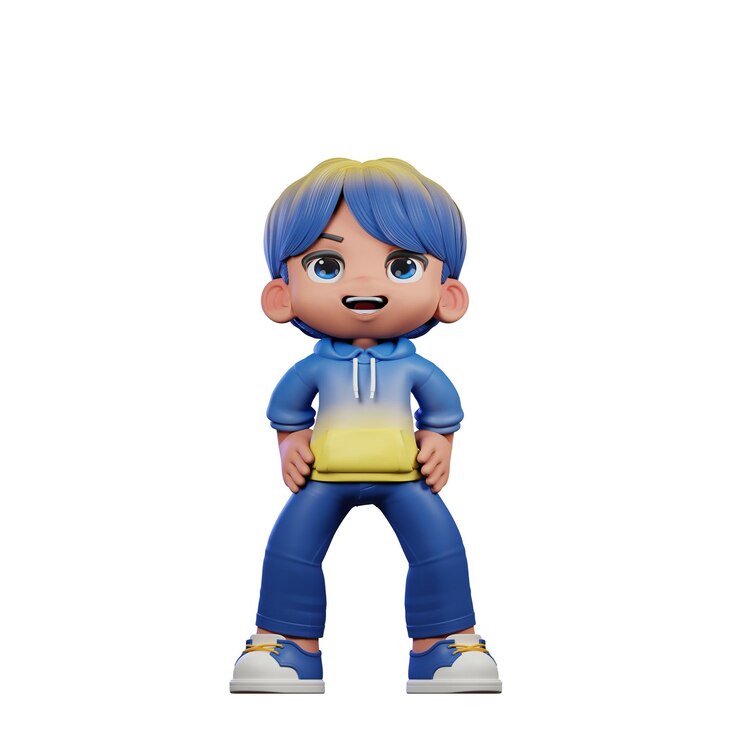 PSD personaje de dibujos animados en 3d con una camisa azul y pantalones amarillos en postura de risa de pie