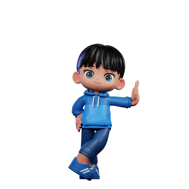Personaje de dibujos animados en 3D con una camisa azul y pantalones azules actuando en una pose genial