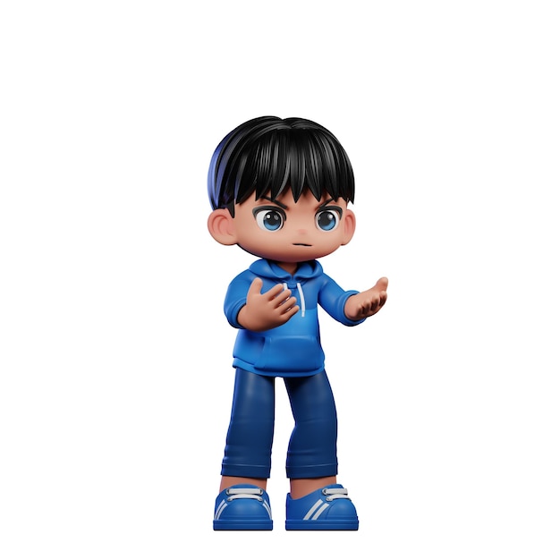 Personaje de dibujos animados en 3D con una camisa azul y pantalones azules Pose enojado
