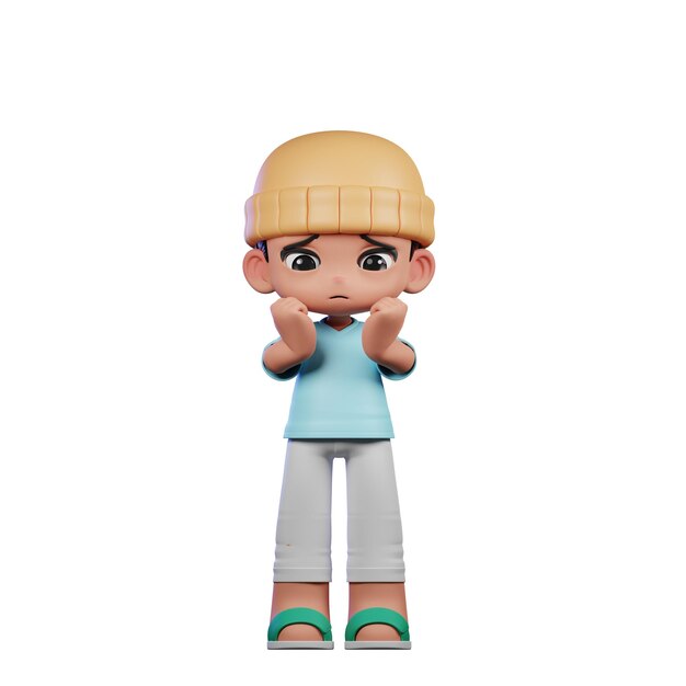 Personaje de dibujos animados en 3D con una camisa azul y pantalones blancos posa preocupado