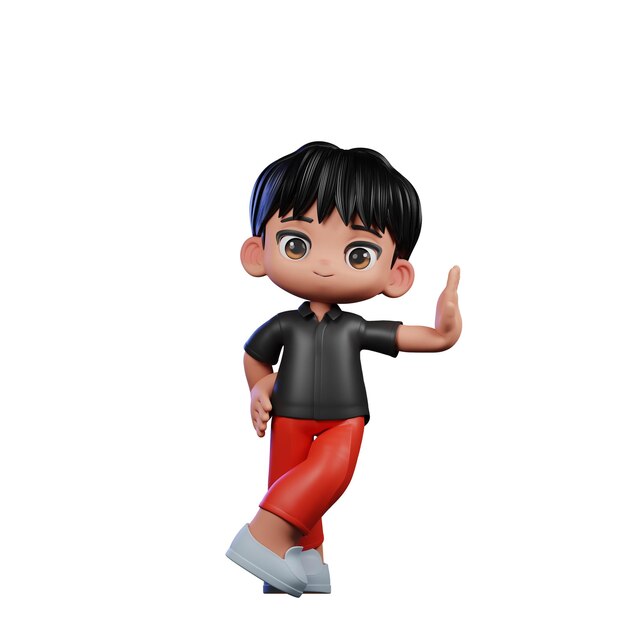 Personaje de dibujos animados en 3D con una camisa negra y pantalones rojos actuando en una pose genial