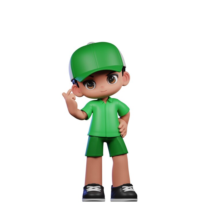 PSD personaje de dibujos animados en 3d con una camisa verde y gorra dando la pose del signo de amor