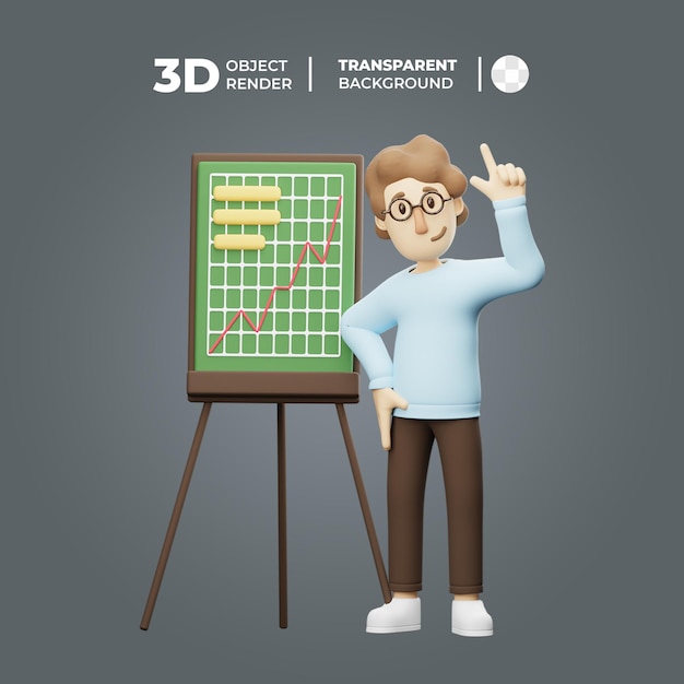 Personaje de dibujos animados en 3D con camiseta azul apuntando hacia arriba