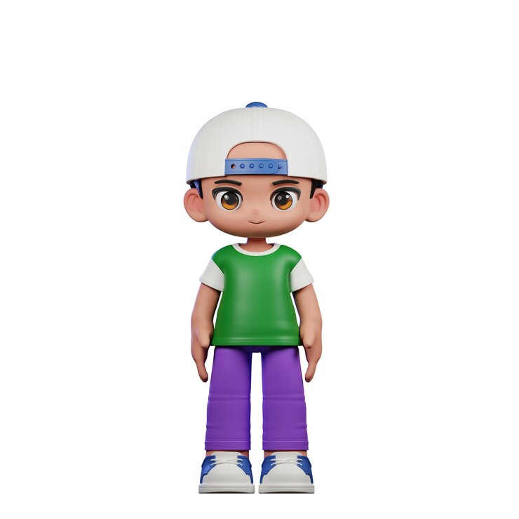 PSD personaje de dibujos animados en 3d de un niño con una camisa verde y pantalones púrpuras de pie pose fresco