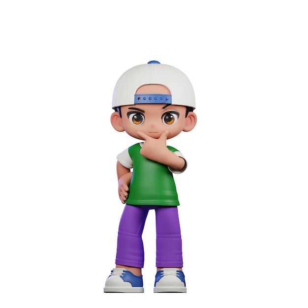 Personaje de dibujos animados en 3D de un niño con una camisa verde y pantalones púrpuras postura curiosa