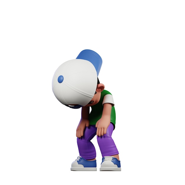 Personaje de dibujos animados en 3D de un niño con una camisa verde y pantalones púrpuras tomando una pose de descanso