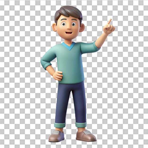 Un personaje de dibujos animados 3D de pie y mostrando la mano en dirección con el dedo índice hacia arriba gesto 3D renderización imagen conceptual aislada en fondo blanco