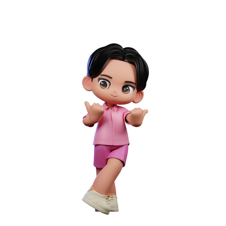 PSD personaje de dibujos animados en 3d con ropa rosa apuntando a la postura lateral