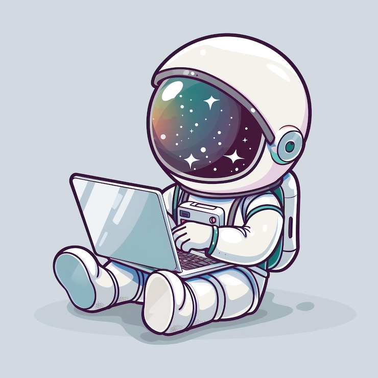 PSD personaje de dibujos animados de astronauta con computadora portátil