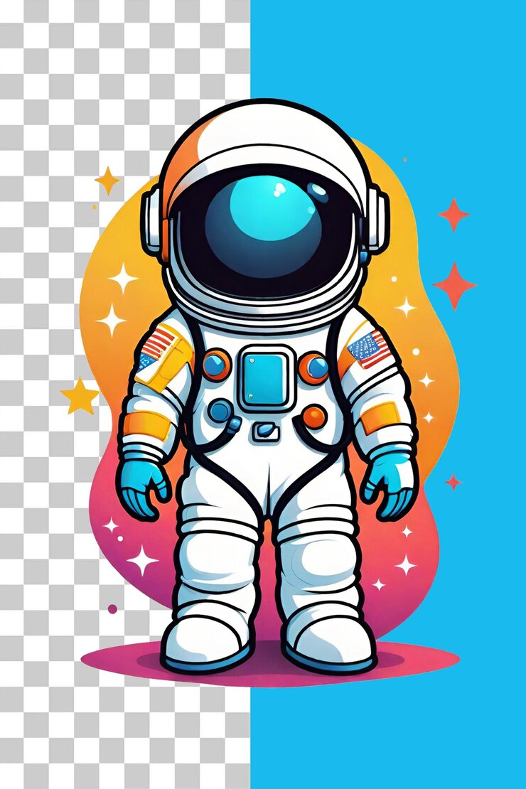 PSD personaje de dibujos animados de astronauta en un fondo colorido