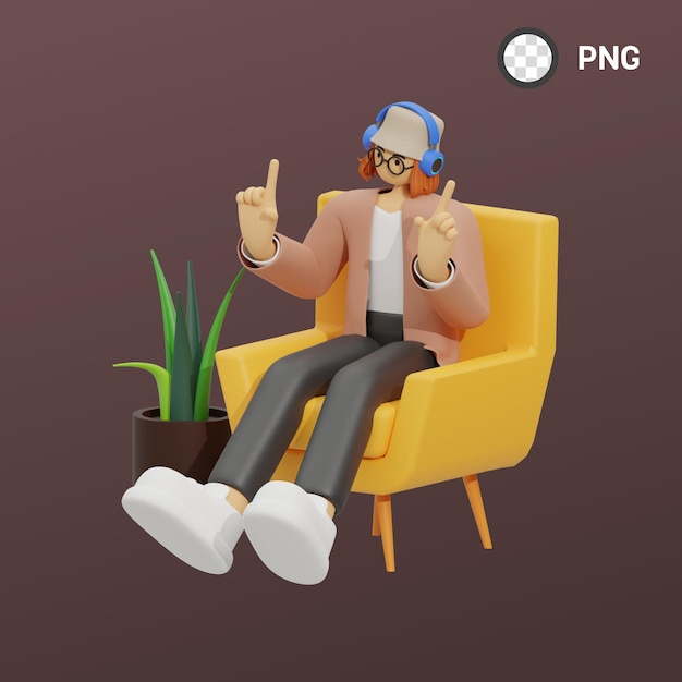 Un personaje de dibujos animados con auriculares y gafas se sienta en una silla con una planta al fondo.