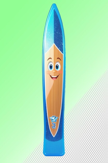PSD un personaje de dibujos animados con una cara de caricatura en una tabla de surf