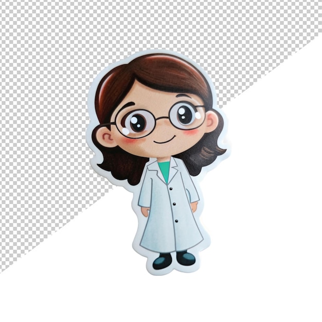 PSD personaje de dibujos animados chica en ciencia pegatina en fondo transparente