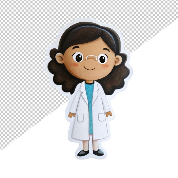 Personaje de dibujos animados chica en ciencia pegatina en fondo transparente