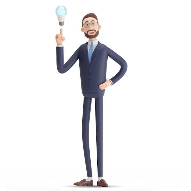 Un personaje de dibujos animados con el concepto de innovación de estrategia de solución de idea de bombilla LED de luz moderna