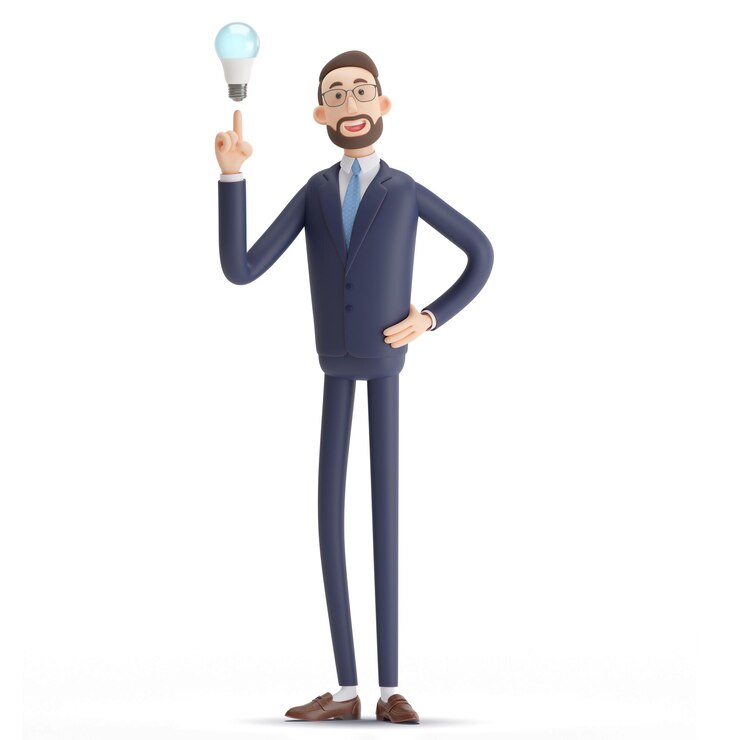PSD un personaje de dibujos animados con el concepto de innovación de estrategia de solución de idea de bombilla led de luz moderna