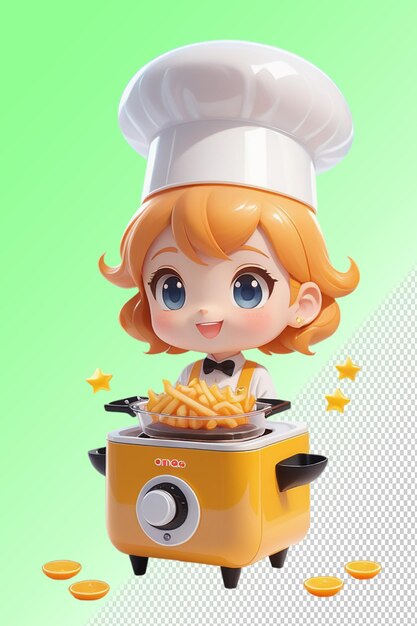 Un personaje de dibujos animados con una estufa de juguetes amarilla y un microondas con un cocinero de dibuyos animados en él