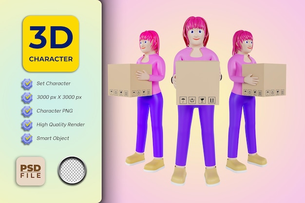 PSD personaje de dibujos animados femenino 3d con caja de cartón