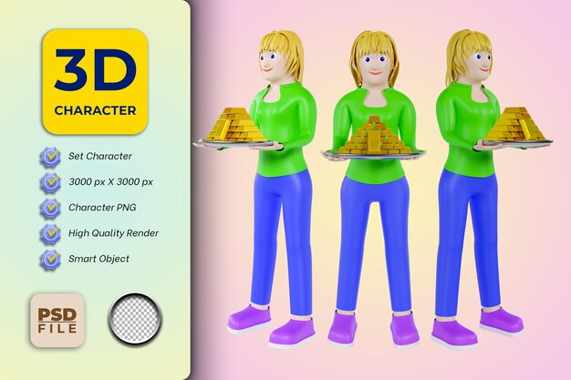 PSD personaje de dibujos animados femenino 3d con oro