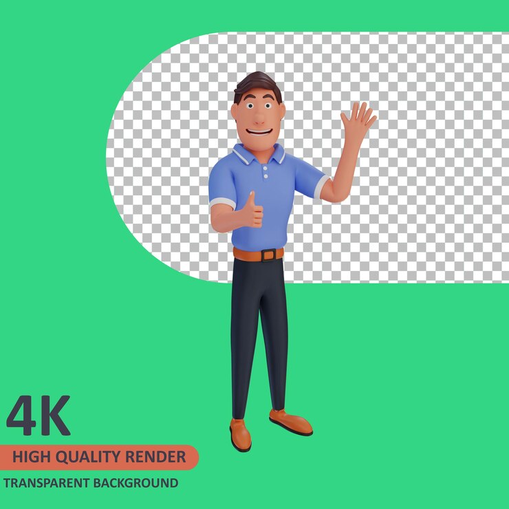 PSD personaje de dibujos animados de hombre de representación de modelo 3d saludando y dando pulgares