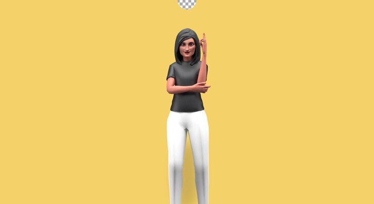 PSD personaje de dibujos animados de ilustración 3d hermosa chica apuntando feliz y sonriente de pie en frente