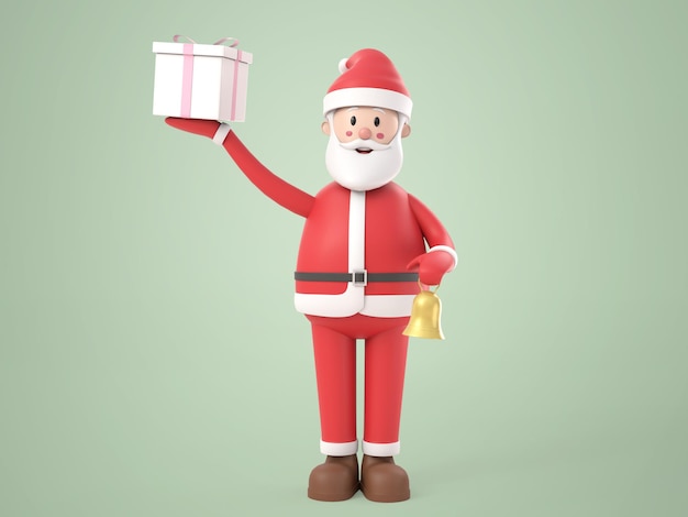 Personaje de dibujos animados de ilustración 3d santa claus con un regalo y una campana de oro. blanco aislado. representación