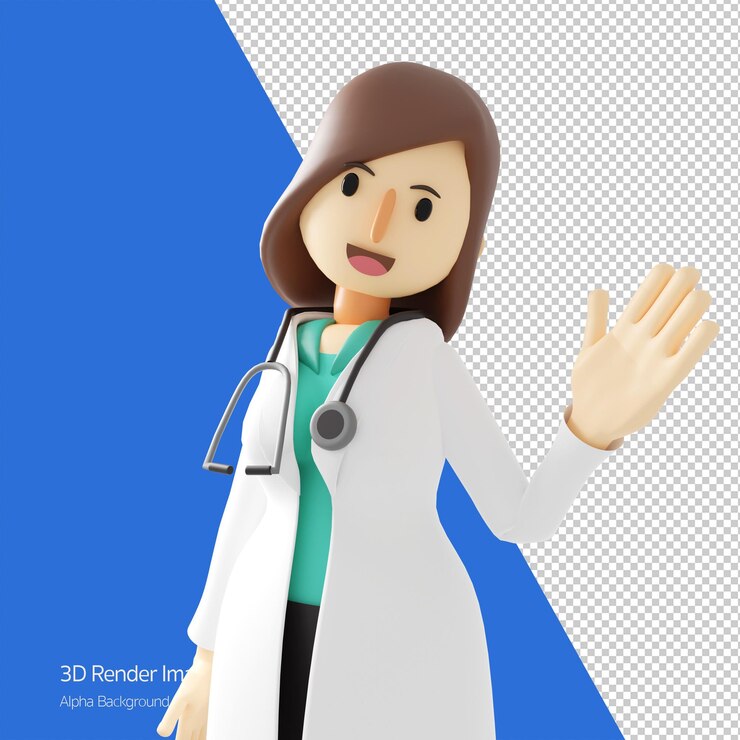 PSD personaje de dibujos animados ilustración 3d de una sonrisa feliz doctora sosteniendo está dando recomendación concepto de ilustración de clínica de hospital médico