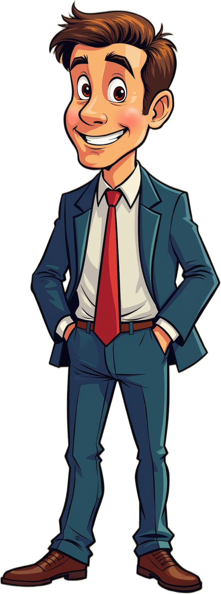 PSD personaje de dibujos animados un joven con cabello corto castaño y corbata roja vestido con un traje azul y de pie con confianza con las manos en las caderas aislado sobre un fondo transparente