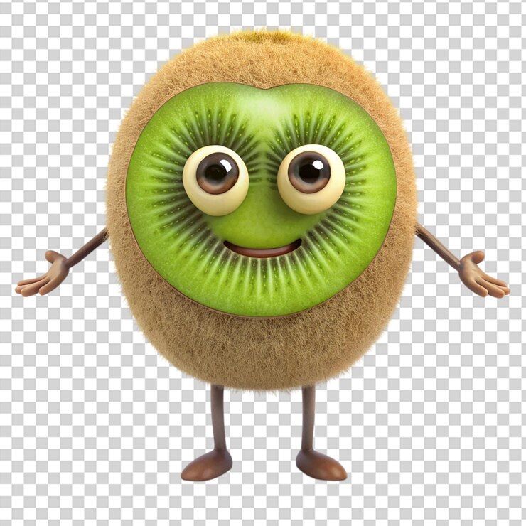 PSD un personaje de dibujos animados de un kiwi con una cara sonriente y brazos extendidos sobre un fondo transparente