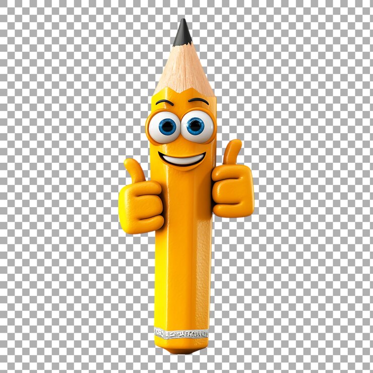 PSD personaje de dibujos animados de lápiz alegre de png levantando el pulgar contra un fondo transparente