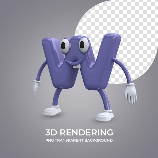 Personaje de dibujos animados Letra W Representación 3d fondo transparente aislado