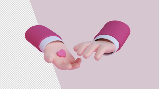 Personaje de dibujos animados manos sosteniendo corazón rosa 3d render