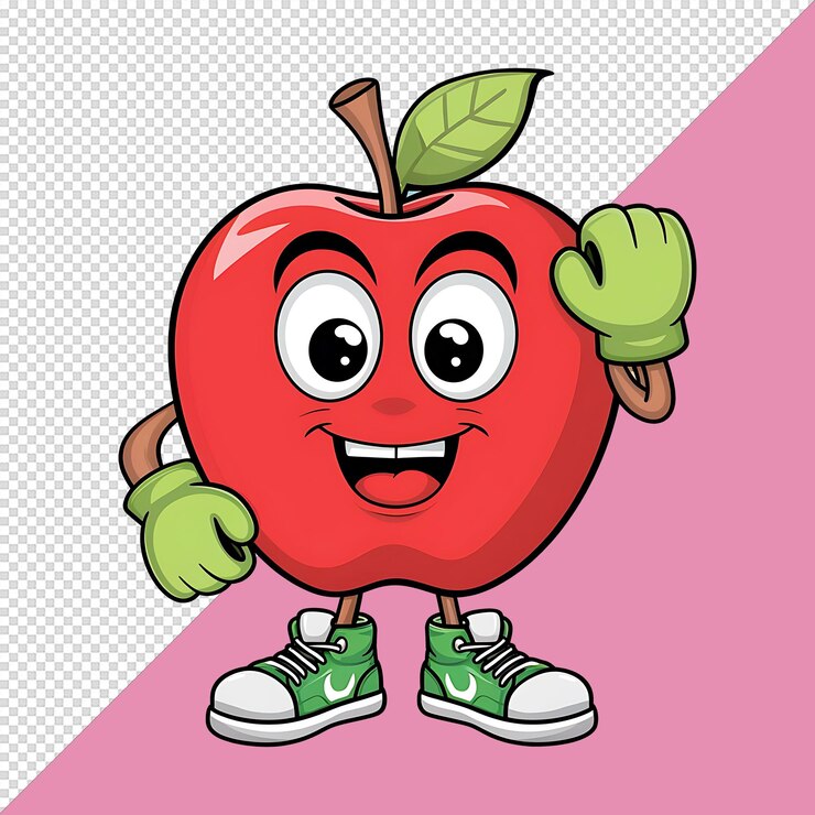 PSD personaje de dibujos animados manzana antropomórfica manzana roja ojos grandes sonrisa linda guantes verdes zapatillas de deporte hoja verde en la parte superior
