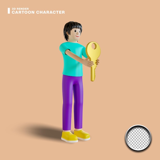 personaje de dibujos animados masculino 3d con llave de oro