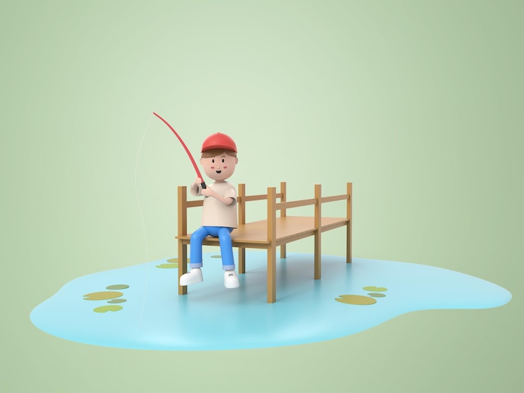 PSD personaje de dibujos animados masculino 3d sentado en la pesca del pantano