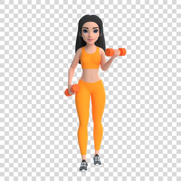 Personaje de dibujos animados mujer en ropa deportiva haciendo ejercicios con pesas aisladas en fondo blanco 3D