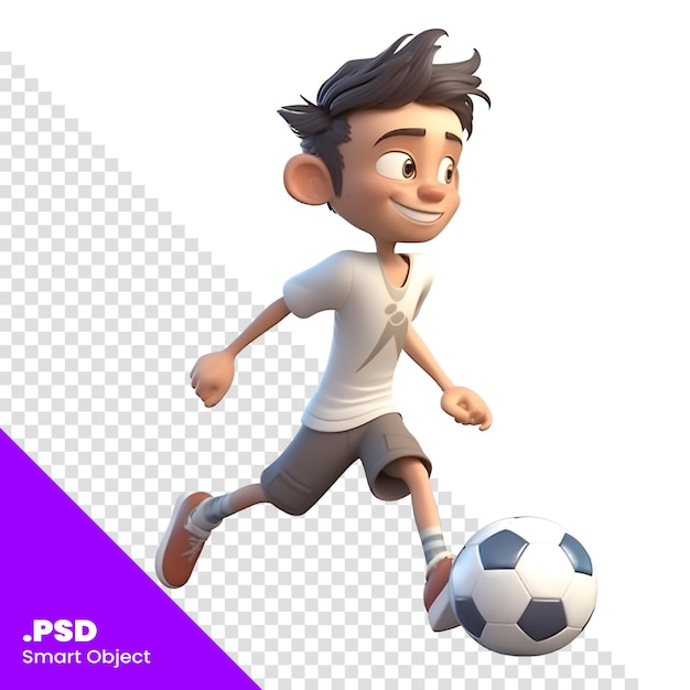 Personaje de dibujos animados de un niño corriendo con una pelota de fútbol aislada en un fondo blanco plantilla psd