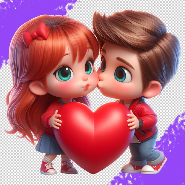 PSD personaje de dibujos animados niño y niña aman sostener un corazón de amor aislado sobre fondo transparente